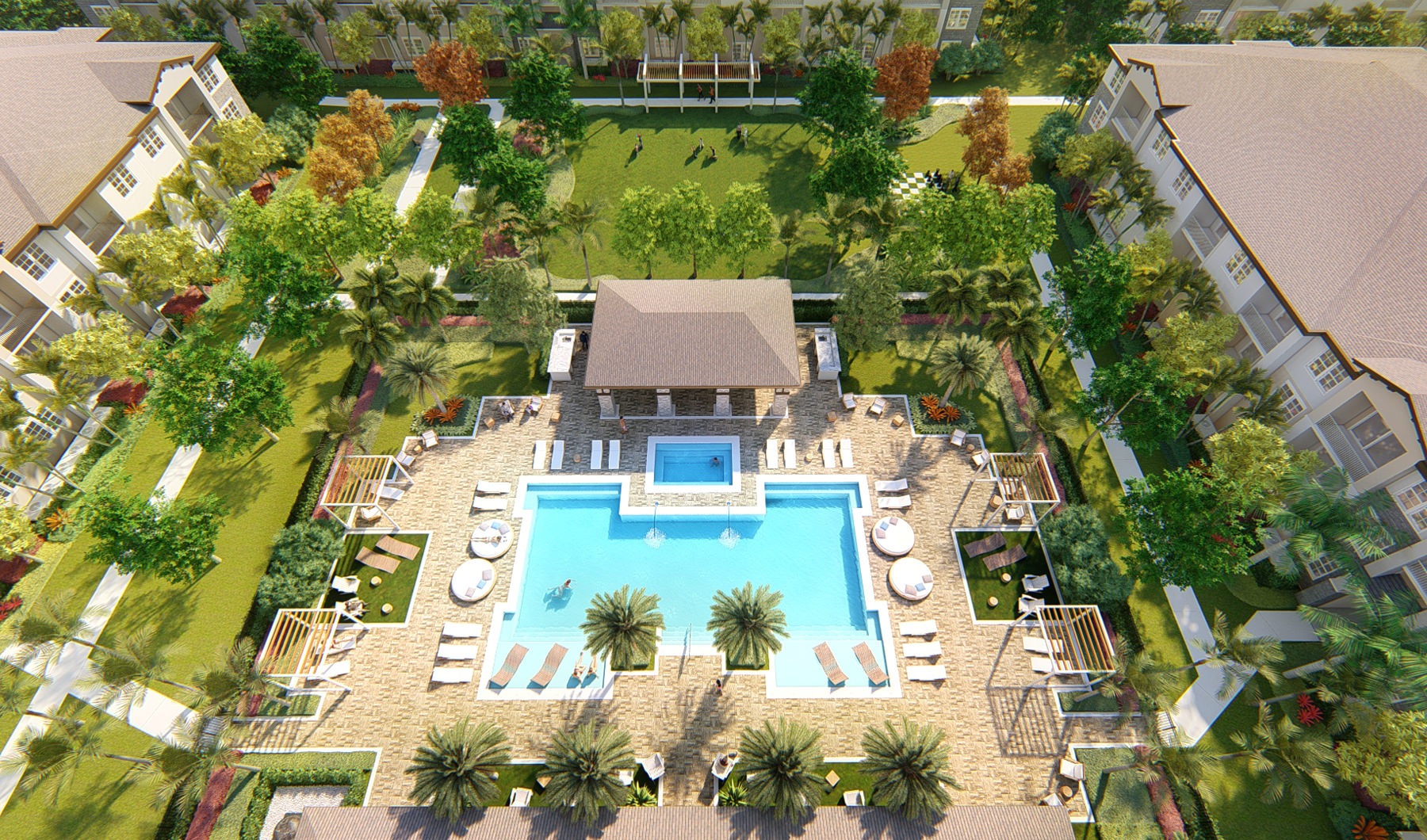 Aerial view of swimming pool with lush landscaping